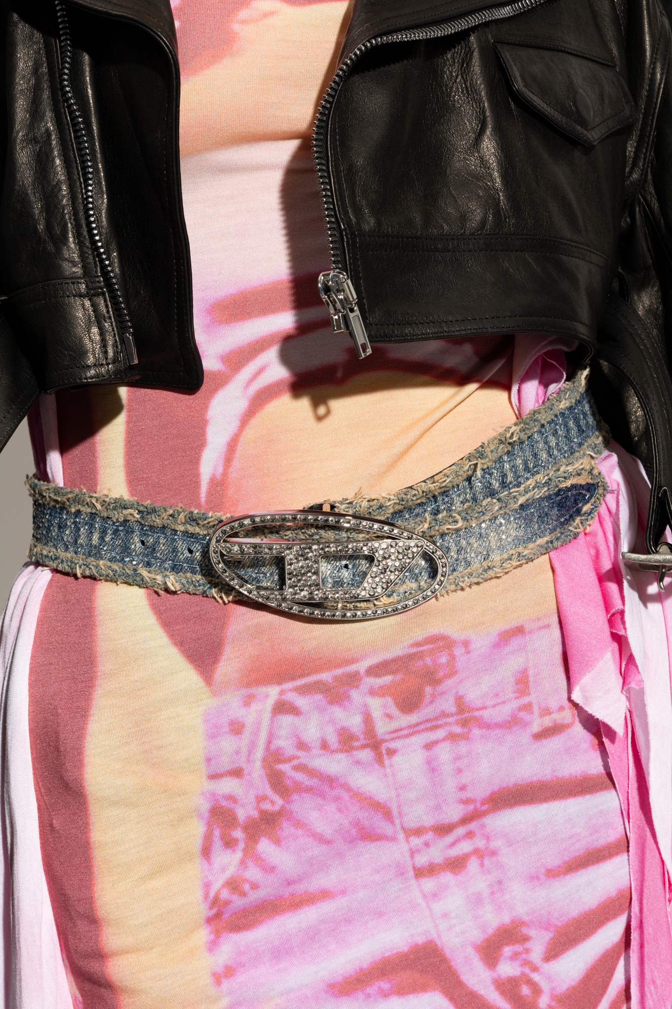 DIESEL☆ Leather-backed denim belt with crystals ブルー Women's Slim belt in foiled denim and leather | Blue | Diesel
